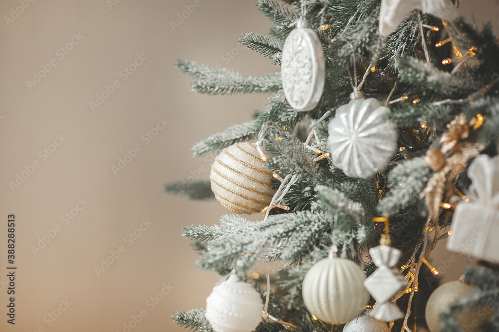 Christmas background. Christmas tree indoors. Holiday decor