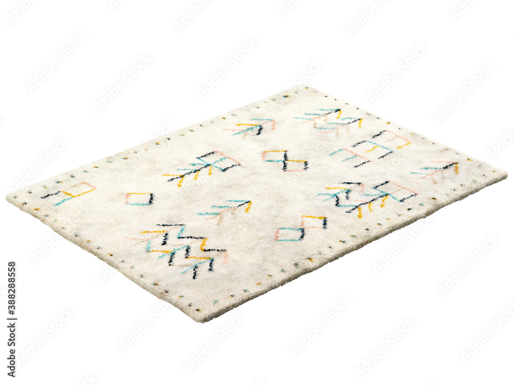 Naklejka premium Scandinavian rectangular light beige fluffy carpet with a colorful nordic pattern. 3d render