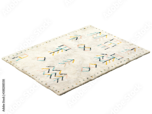 Scandinavian rectangular light beige fluffy carpet with a colorful nordic pattern. 3d render