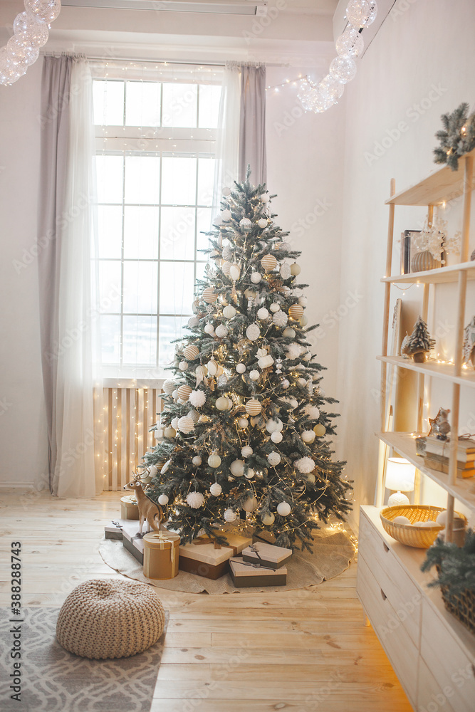 Christmas background. Christmas tree indoors. Holiday decor