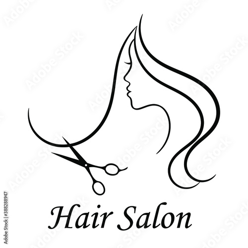 Contour logo for beauty salon. Woman profile, long hair and scissors. Vector illustration.