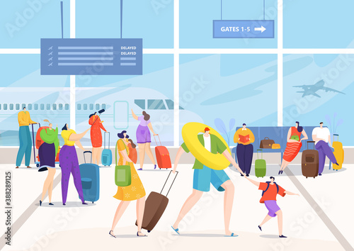 Airport terminal, people with travel luggage go for vacation vector illustration. Journey transport flight for travel, tourism trip with bag baggage. Man woman character waiting airplane departure.