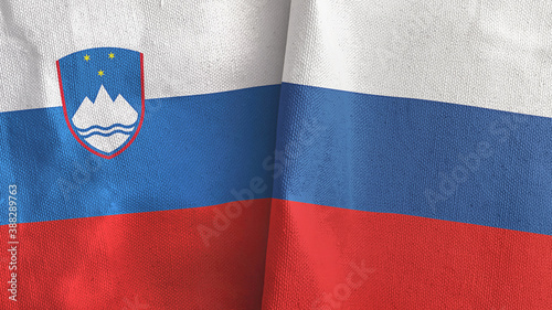 Russia and Slovenia two flags textile cloth 3D rendering