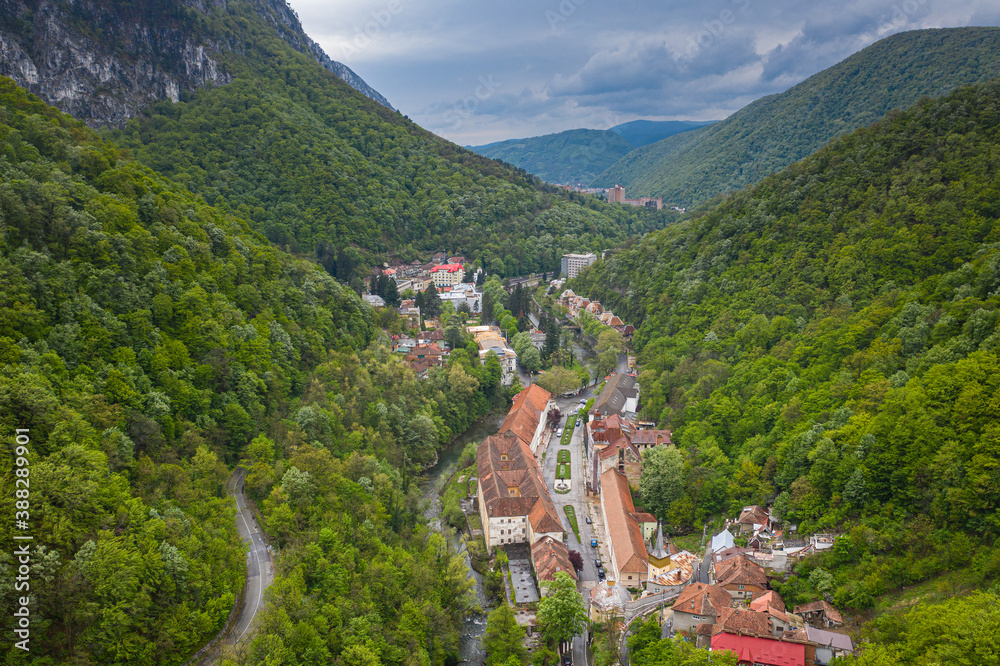 Aerial view of Baile Herculane - Thermal resort in Romania, gorgeous Austro-Hungarian Imperial Baths