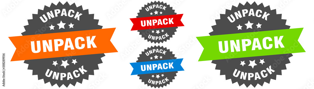 unpack sign. round ribbon label set. Seal