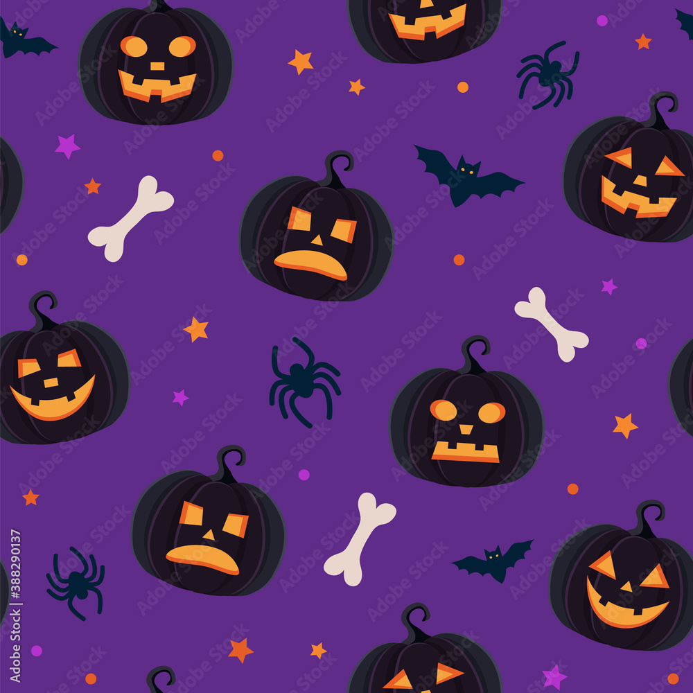 Halloween pattern with different pumpkins, spooky jack o lantern, spiders and bats Halloween pattern with different pumpkins, spooky jack o lantern, spiders and bats