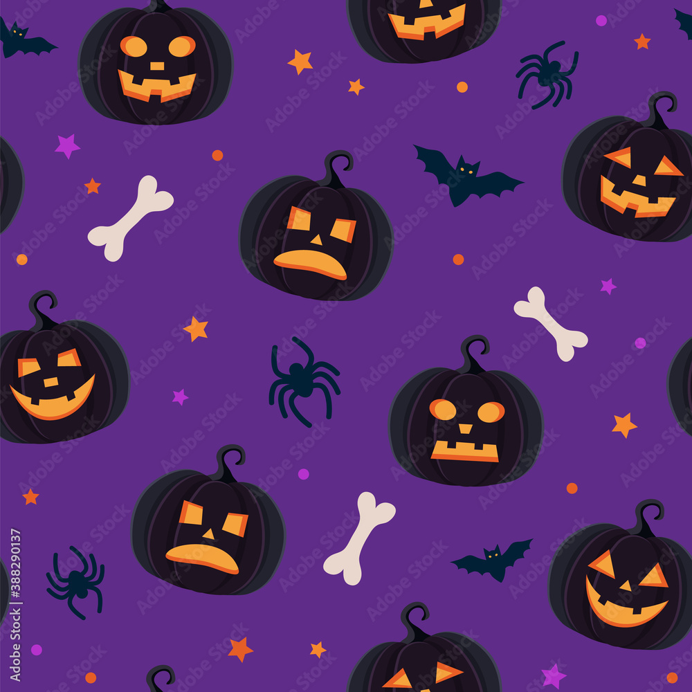 Halloween pattern with different pumpkins, spooky jack o lantern, spiders and bats