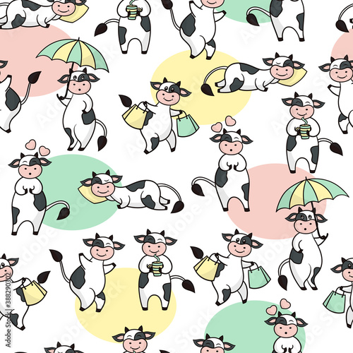Vector seamless pattern with funny cartoon black and white cows
