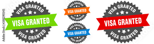visa granted sign. round ribbon label set. Seal