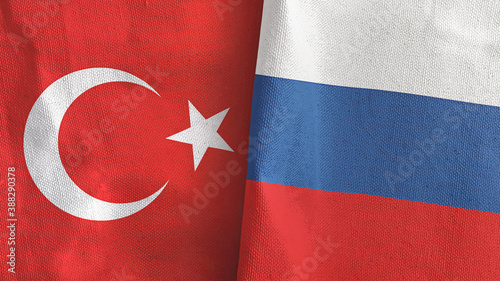 Russia and Turkey two flags textile cloth 3D rendering photo