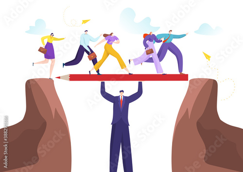 Team crossing mountain cliff with business boss, manager businessman character vector illustration. Man help people to success challenge, cartoon worker teamwork concept for high career.