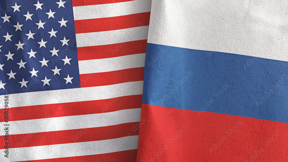 Russia and United States two flags textile cloth 3D rendering Russia and United States two flags textile cloth 3D rendering