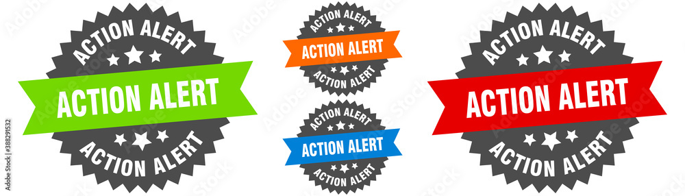 action alert sign. round ribbon label set. Seal action alert sign. round ribbon label set. Seal