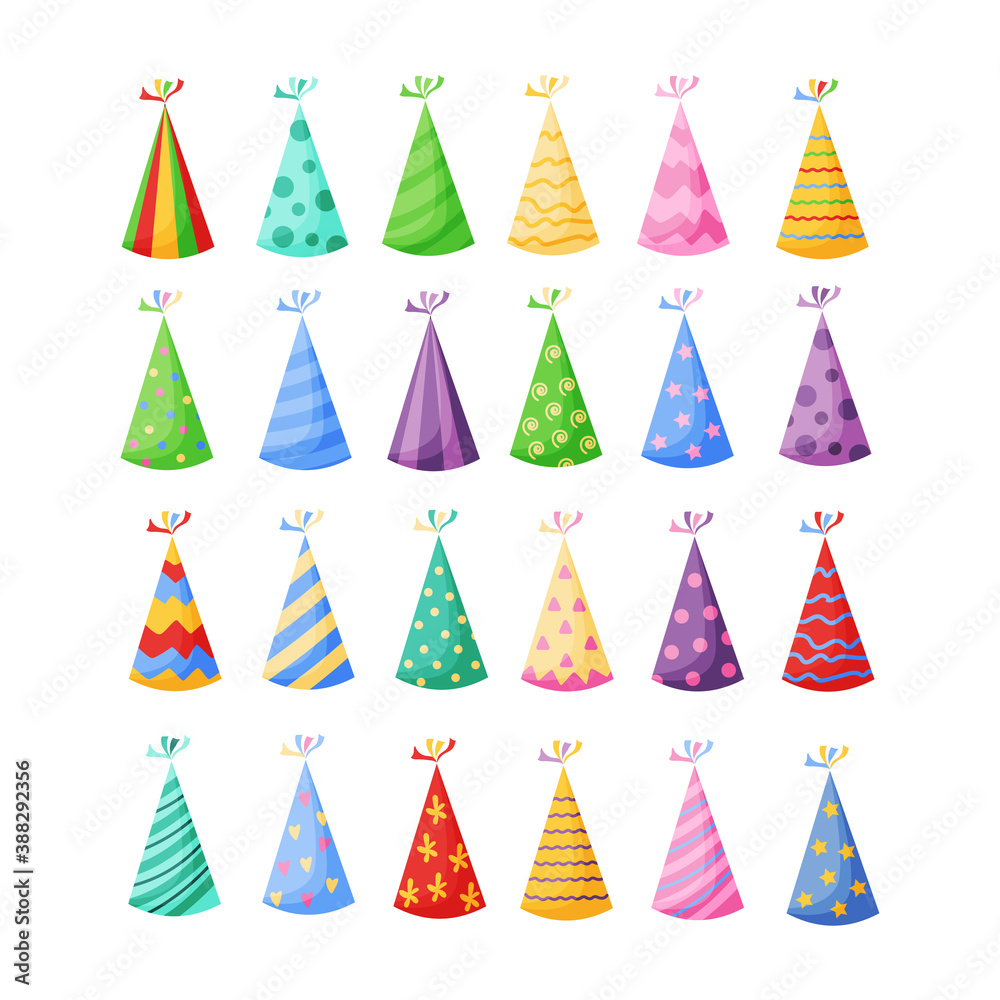 Birthday party hats set vector illustration in a cartoon flat style isolated on white background. Colorful party caps for celebration design. Birthday party hats set vector illustration in a cartoon flat style isolated on white background. Colorful party caps for celebration design.