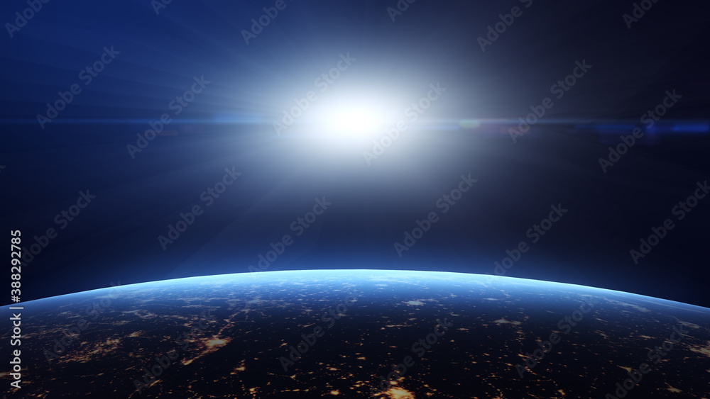 Sunrise, blue light, view from space on Planet Earth at night. World rotating in black Universe in stars. 3D Rendering, animation. Elements of this image furnished by NASA. Sunrise, blue light, view from space on Planet Earth at night. World rotating in black Universe in stars. 3D Rendering, animation. Elements of this image furnished by NASA.