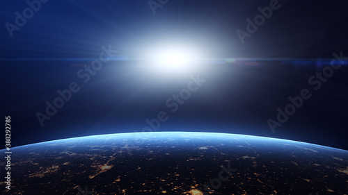 Sunrise  blue light  view from space on Planet Earth at night. World rotating in black Universe in stars. 3D Rendering  animation. Elements of this image furnished by NASA.
