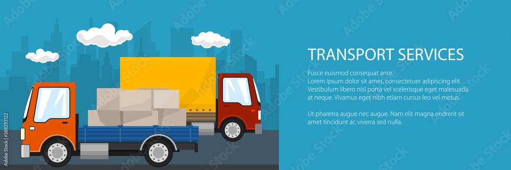 Banner of road transport and logistics, small covered truck and cargo van with boxes go on the road, shipping and freight of goods, vector illustration