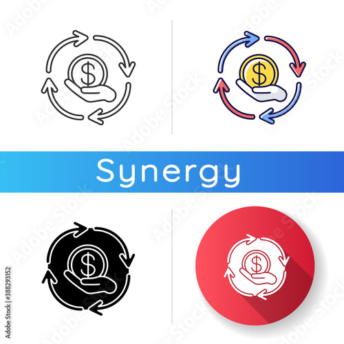 Financial synergy icon. Cost of service. Refund of money. Cash transfer. Currency exchange. Stock and trade. Business economy. Linear black and RGB color styles. Isolated vector illustrations