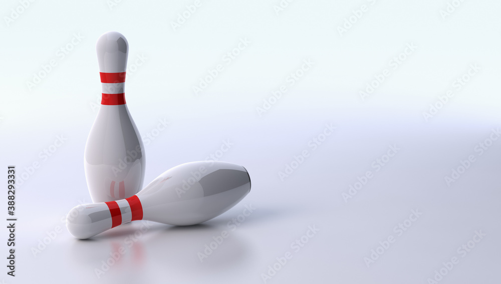 Two bowling pins on bright reflective background. 3D illustration. Two bowling pins on bright reflective background. 3D illustration.