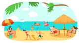 Beach happy summer family vacation at sea, vector illustration. Fun father mother girl boy people travel at holiday, ocean, sand and water. Young children relax at tropical sun outdoor.