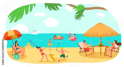 Beach happy summer family vacation at sea, vector illustration. Fun father mother girl boy people travel at holiday, ocean, sand and water. Young children relax at tropical sun outdoor.