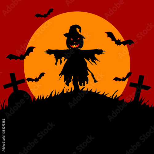 Halloween background with pumpkin, bats and grave yards