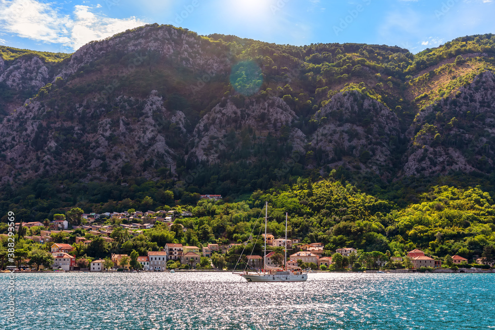 Lonely yacht near the Adriatic coast in the Bay of Kotor, Montenegro