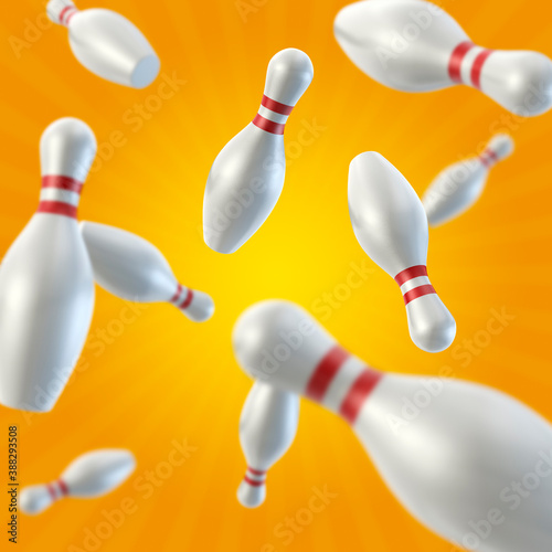 Bowling pins free falling concept, selective focus - shallow depth of field. 3D illustration.