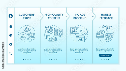 Influencer marketing advantages onboarding vector template. High-quality content. Honest feedback. Responsive mobile website with icons. Webpage walkthrough step screens. RGB color concept