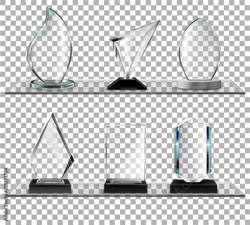glass awards on glass shelves on transparent background vector illustration