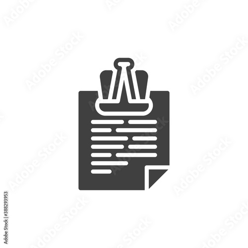 Office paper clip document vector icon. filled flat sign for mobile concept and web design. Note paper with paperclip glyph icon. Symbol, logo illustration. Vector graphics