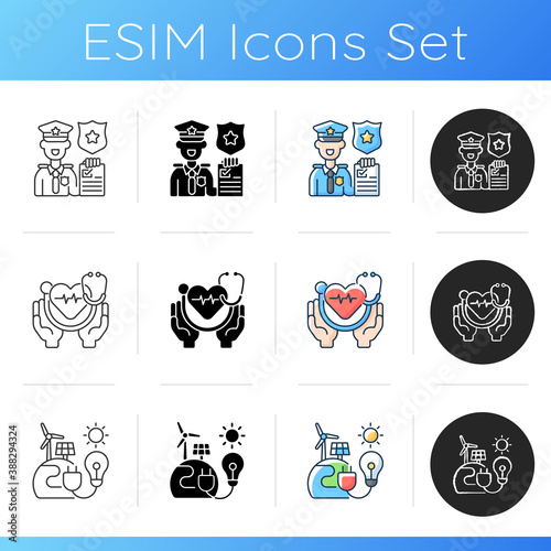 Essential services icons set. Law enforcement. Healthcare system. Renewable energy. Preventing and managing disease. Police officer. Linear, black and RGB color styles. Isolated vector illustrations