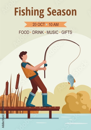 Man caught a fish on the lake on a wooden pier. Fishing season card