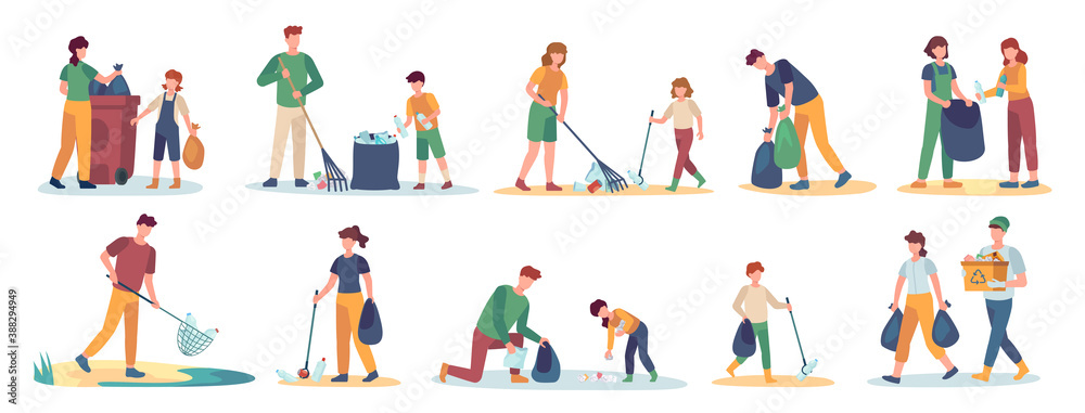 Volunteer collects trash. Men, women and children cleaning nature from garbage set. Isolated vector family picks up and sorting waste. Illustration volunteer people together collect rubbish