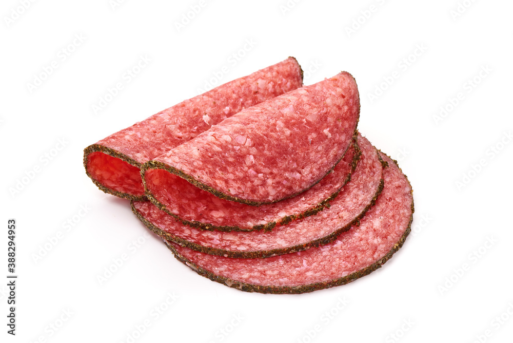 Peppered salami slices, isolated on white background Peppered salami slices, isolated on white background