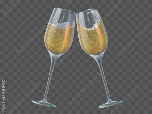 Two champagne glasses. Toast of wineglasses with sparkling transparent white wine and bubbles. Christmas, new year isolated vector elements. Champagne wineglass to new year celebration illustration