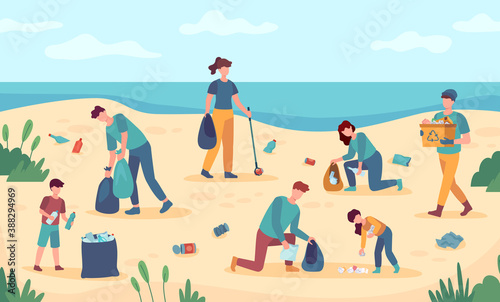 Beach cleaning. Volunteers protect sea coast from pollution. People picking up trash from beaches. Environmental protection illustration. Garbage trash and cleaning beach, ecological outdoor