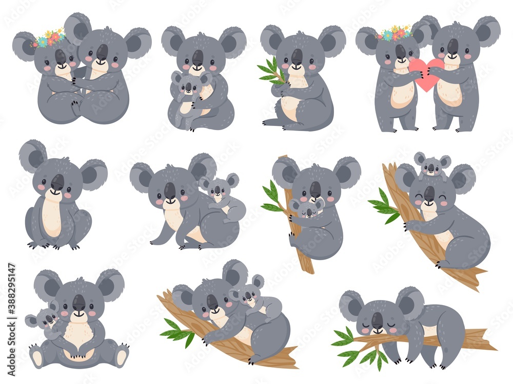 Vecteur Stock Cute koala and baby. Cartoon little koalas with moms