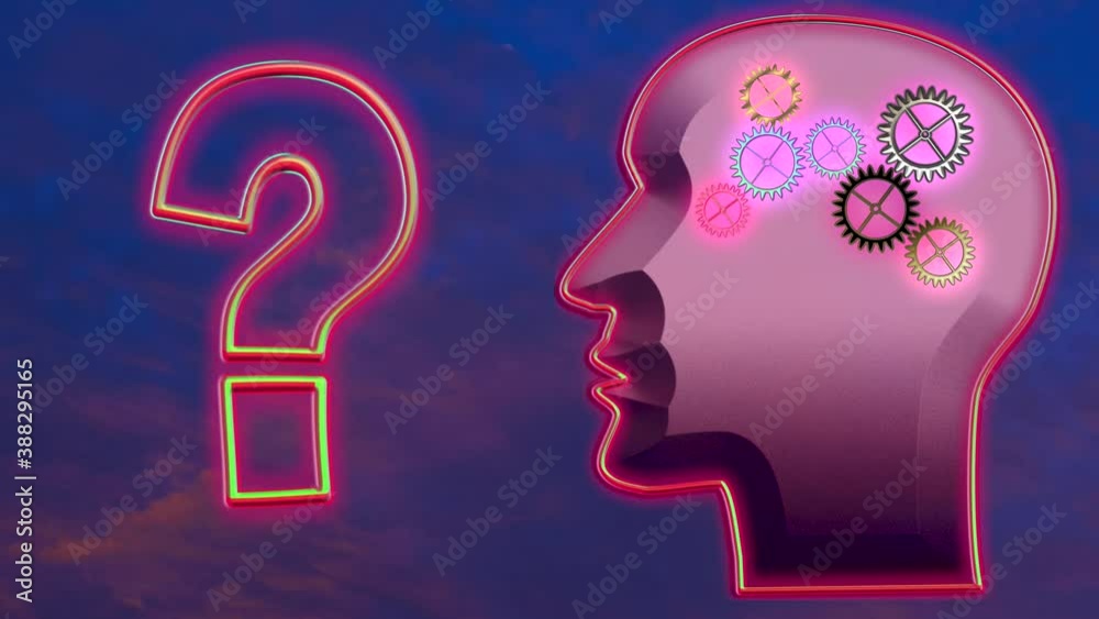 Animation of question mark with human head with spinning cogwheels against blue sky and sunset. Animation of question mark with human head with spinning cogwheels against blue sky and sunset.