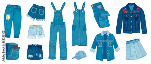 Jeans clothes. Ripped denim casual fashion. Cartoon trendy jean jacket, pants and shorts, skirts and dress. Blue outfit models, vector set. Illustration garment trendy model, wear fabric model denim