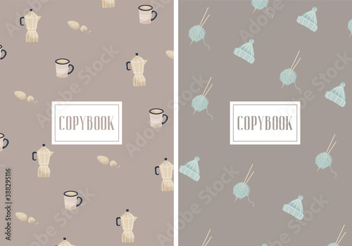 Hello winter. Set of gentle vector flat covers for copybook with coffee pot, cup, cookies, yarn and hat. Covers in two colors for winter holidays. Winter minimalistic copybooks with cozy elements.