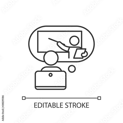 Online tutor linear icon. E-learning platform. Online classes. Webinar. Homework help. Thin line customizable illustration. Contour symbol. Vector isolated outline drawing. Editable stroke