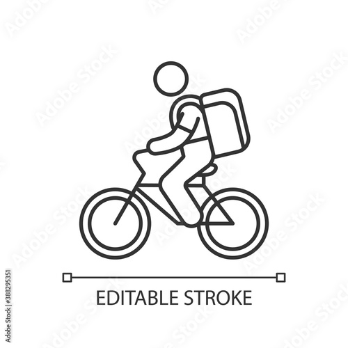 Food delivery person linear icon. Meal and groceries delivery. Restaurant takeout. Thin line customizable illustration. Contour symbol. Vector isolated outline drawing. Editable stroke