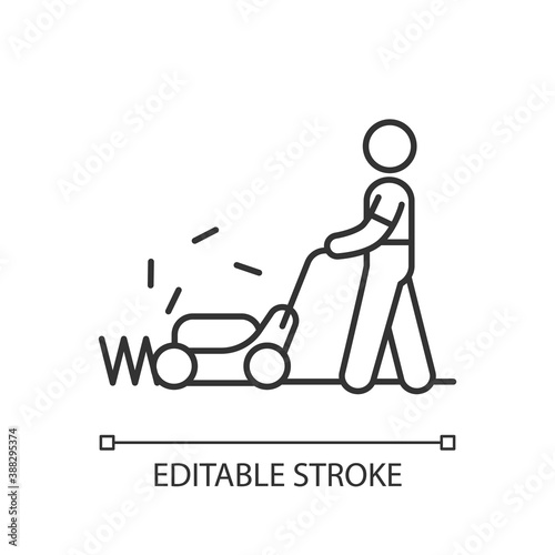 Lawn mower linear icon. Groundskeeper. Grass cutter. Landscape maintenance. Cutting grass. Thin line customizable illustration. Contour symbol. Vector isolated outline drawing. Editable stroke