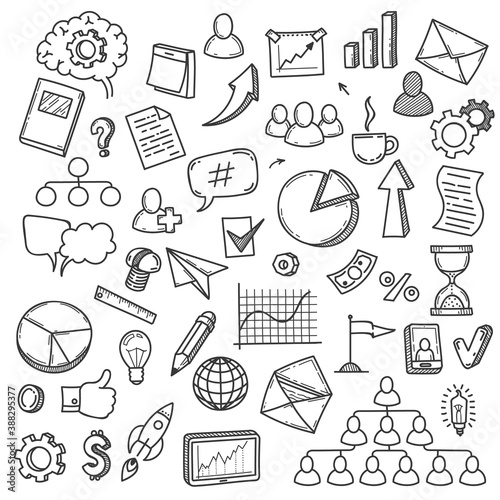 Doodle startup. Sketch smart idea concept with light bulb, digital innovation company and icons, teaching business marketing, vector set. Marketing innovation startup, light bulb sketch illustration