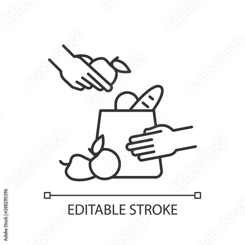 Grocery bagger linear icon. Packer. Putting groceries into shopping bag. Assisting cashier. Thin line customizable illustration. Contour symbol. Vector isolated outline drawing. Editable stroke