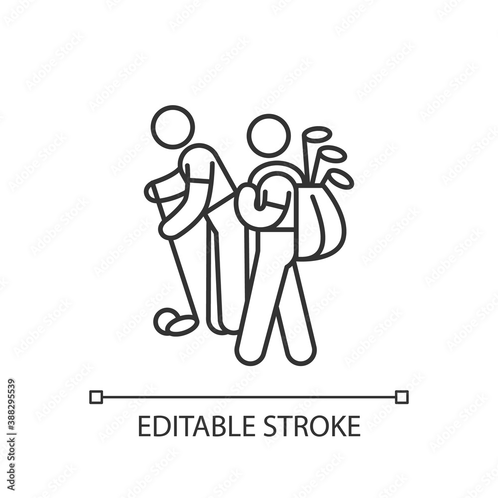 Caddy linear icon. Providing support to professional golf players. Caddie-master. Golfer. Thin line customizable illustration. Contour symbol. Vector isolated outline drawing. Editable stroke Caddy linear icon. Providing support to professional golf players. Caddie-master. Golfer. Thin line customizable illustration. Contour symbol. Vector isolated outline drawing. Editable stroke