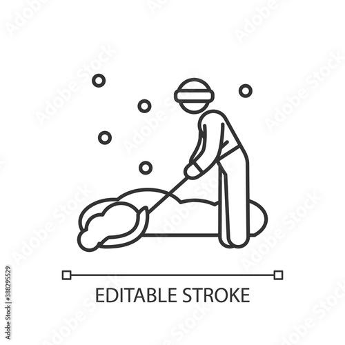 Snow removal job linear icon. Snow plow operator. Clearing residential streets or trails. Thin line customizable illustration. Contour symbol. Vector isolated outline drawing. Editable stroke