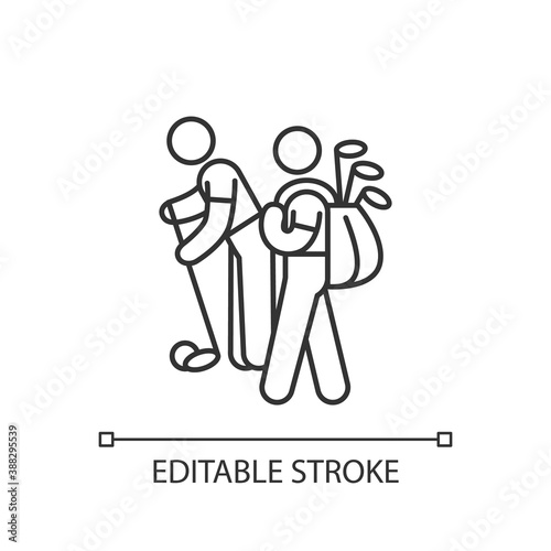 Caddy linear icon. Providing support to professional golf players. Caddie-master. Golfer. Thin line customizable illustration. Contour symbol. Vector isolated outline drawing. Editable stroke