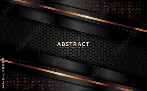 Dark abstract background with overlap layer texture and golden lines element. © Rtn_Studio